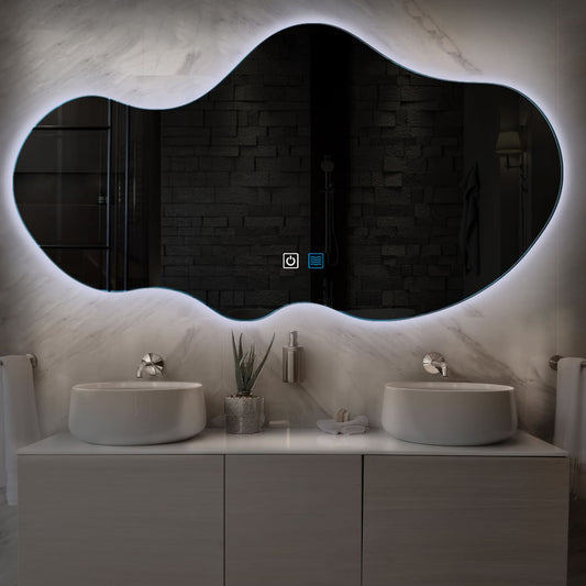 Oglinda LED Asimetrica orizontala 120x67 cm cu butoane touch si dezaburire lumina Rece 6000K Reyze Ambient 1