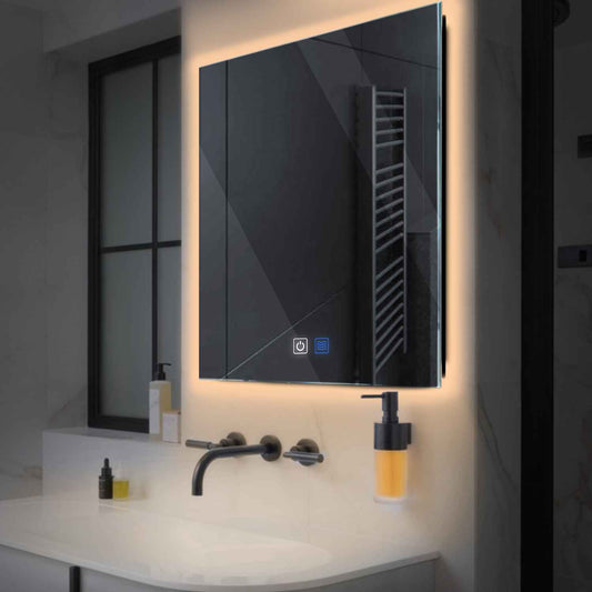 Oglinda LED patrata 50x50 cm cu lumina LED calda Gama Ambient Model 1 cu butoane touch si dezaburire - Reyze