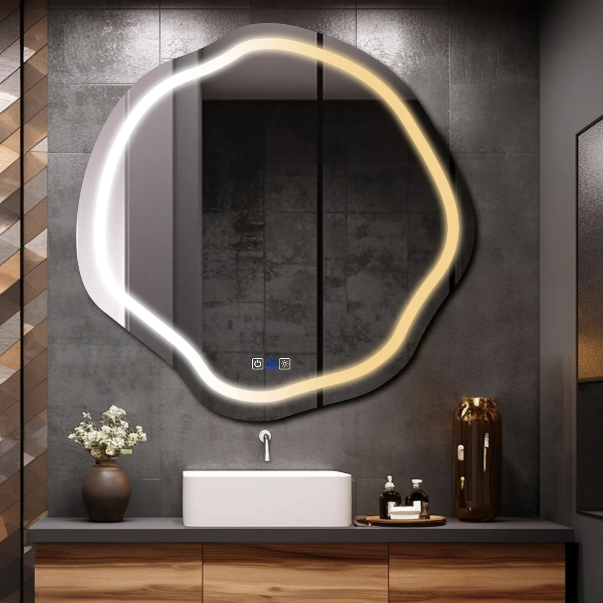 Oglinda LED Asimetrica v5, Touch LED, Dimare, Dezaburire, LED Reglabil 3000K-6000K - Gama Salono Model 1