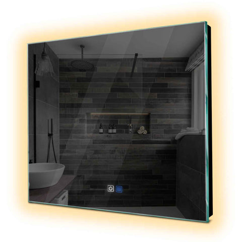 Oglinda LED patrata 100x100 cm LED cald Gama Ambient Model 1 cu butoane touch si dezaburire