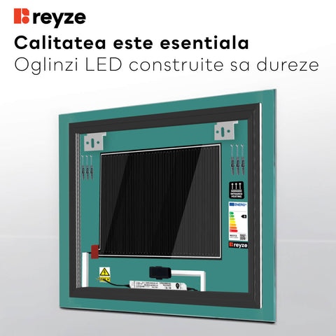 Oglinda LED patrata 50x50 cm cu lumina LED calda Gama Ambient Model 1 cu butoane touch si dezaburire - Reyze