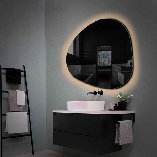 Oglinda LED asimetrica 60x60 cm cu lumina LED calda Gama Ambient Model 1 fara butoane - Reyze