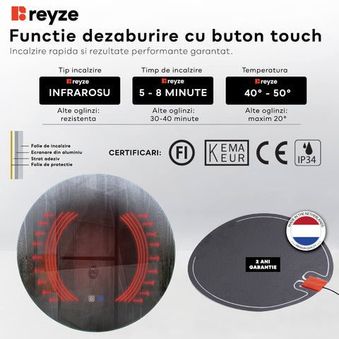 Oglinda LED rotunda 60x60 cm cu lumina LED rece Gama Good Vibes Model 8 cu butoane touch si dezaburire - Reyze