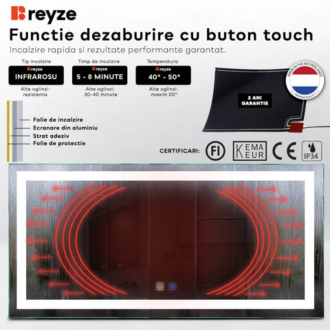 Oglinda LED orizontala 195x85.5 cm cu lumina LED rece Gama Good Vibes Model 5 cu butoane touch si dezaburire - Reyze
