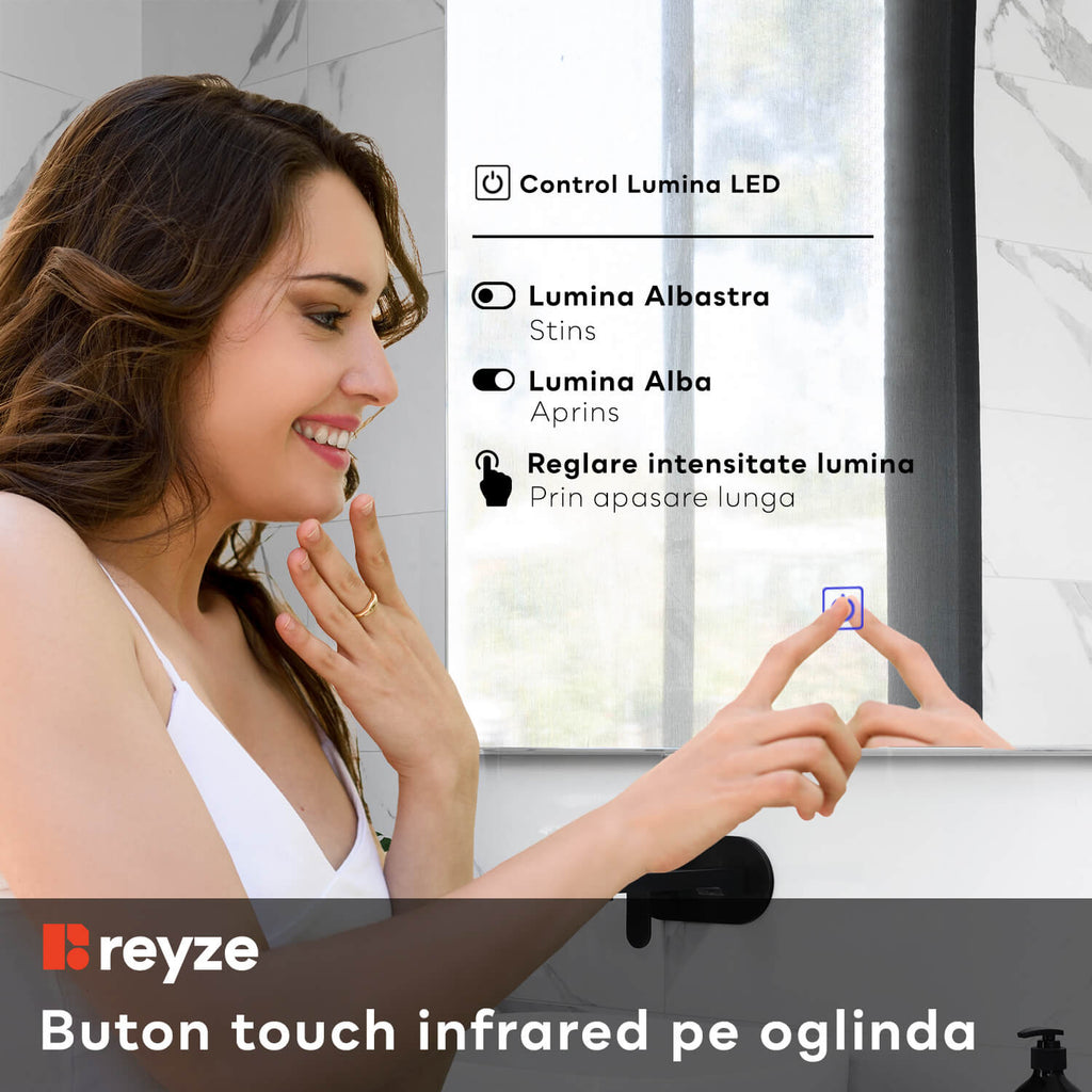 Oglinda LED patrata 80x80 cm LED neutru Gama Ambient Model 1 cu buton touch
