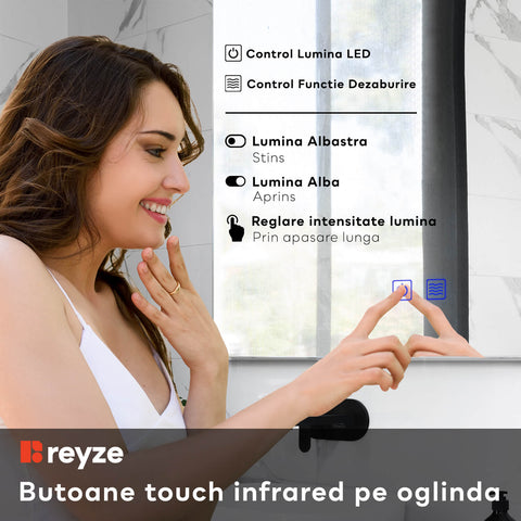 Oglinda LED verticala 80x100 cm cu lumina LED neutra Gama Ambient Model 1 cu butoane touch si dezaburire - Reyze