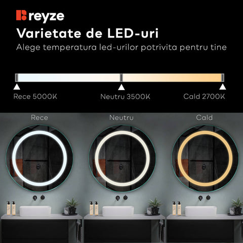 Oglinda LED asimetrica 60x60 cm cu lumina LED calda Gama Ambient Model 1 fara butoane - Reyze