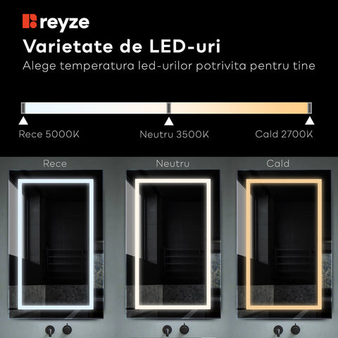 Oglinda LED patrata 50x50 cm cu lumina LED rece Gama Ambient Model 1 cu buton touch - Reyze