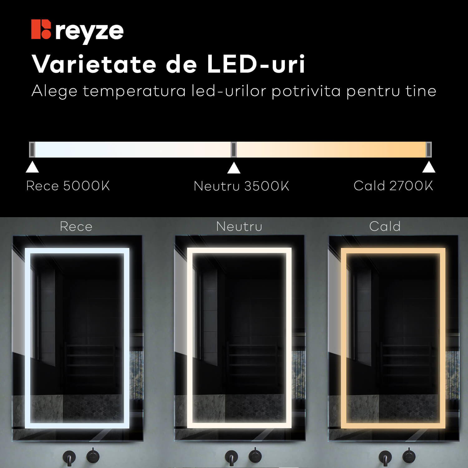 Oglinda LED verticala 80x90 cm cu lumina LED neutra Gama Good Vibes Model 8 fara butoane - Reyze