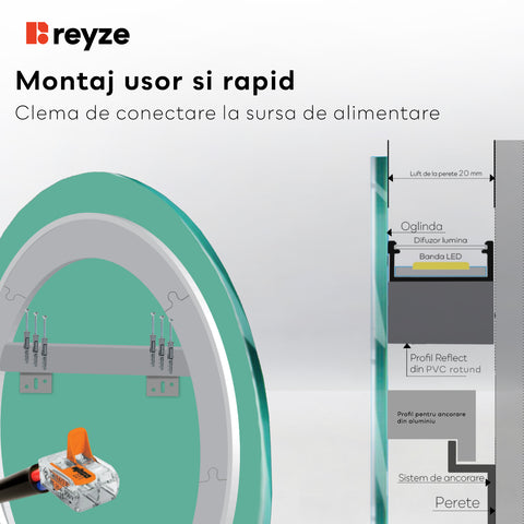 Oglinda LED rotunda 80x80 cm cu lumina LED neutra Gama Ambient Model 1 cu butoane touch si dezaburire - Reyze