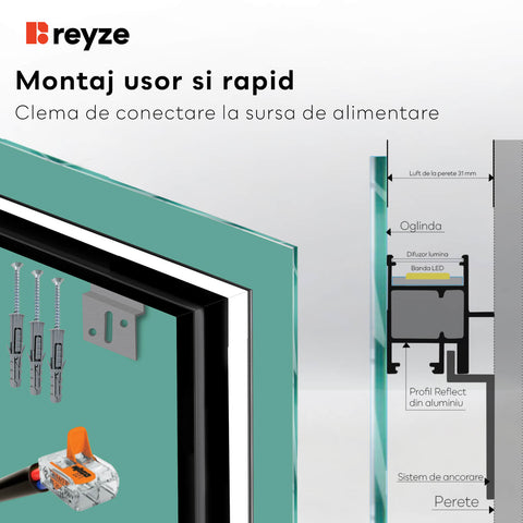 Oglinda LED orizontala 195x85.5 cm cu lumina LED rece Gama Good Vibes Model 5 cu butoane touch si dezaburire - Reyze