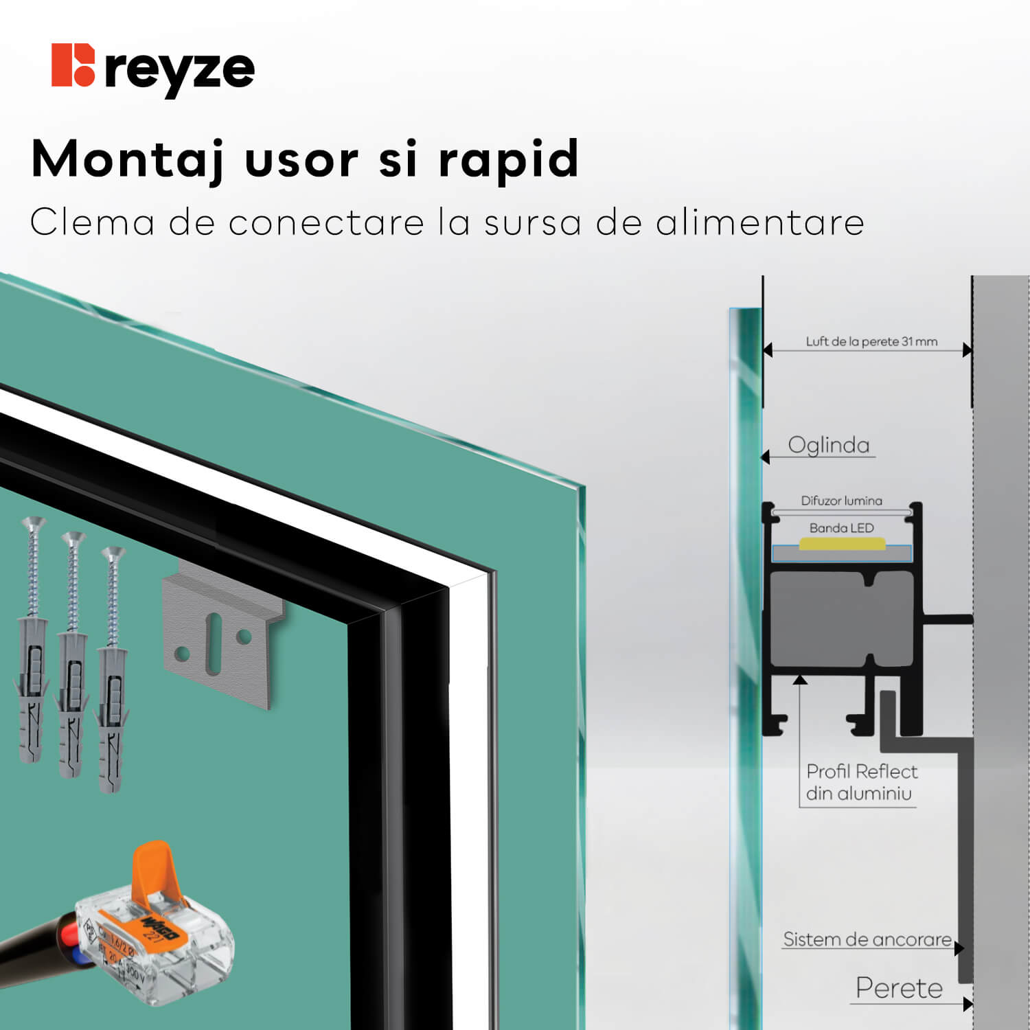 Oglinda LED verticala 80x90 cm cu lumina LED neutra Gama Good Vibes Model 8 fara butoane - Reyze