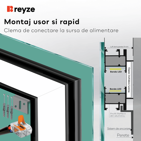 Oglinda LED orizontala 100x80 cm cu lumina LED neutra Gama Salono Model 1 cu butoane touch si dezaburire - Reyze