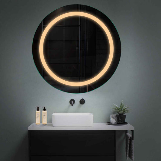 Oglinda LED rotunda cu lumina LED calda Gama Salono Model 1 fara butoane - Reyze