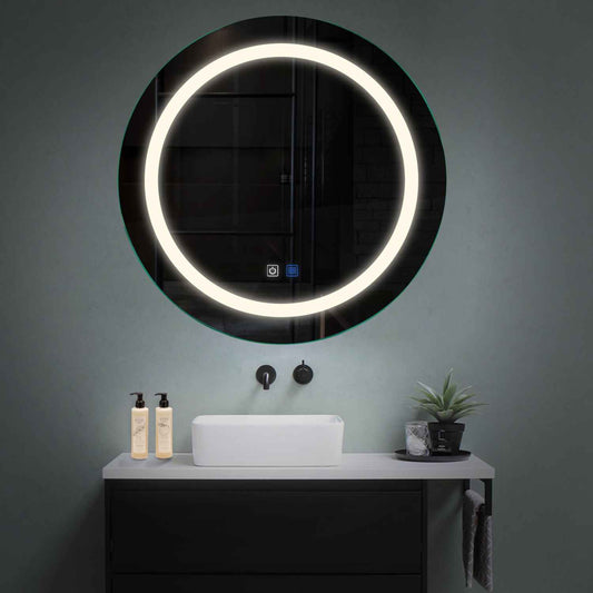 Oglinda LED rotunda cu lumina LED neutra Gama Salono Model 1 cu butoane touch si dezaburire - Reyze