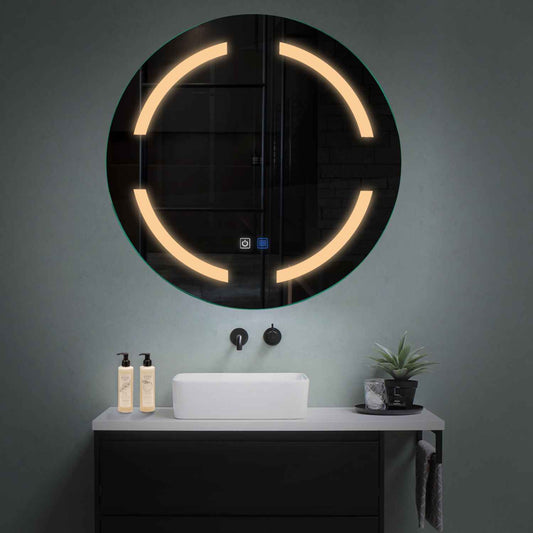 Oglinda LED rotunda cu lumina LED calda Gama Salono Model 2 cu butoane touch si dezaburire - Reyze