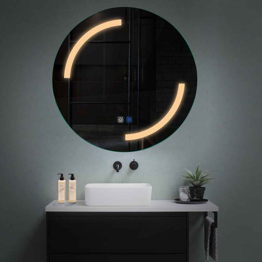 Oglinda LED rotunda cu lumina LED calda Gama Salono Model 3 cu butoane touch si dezaburire - Reyze