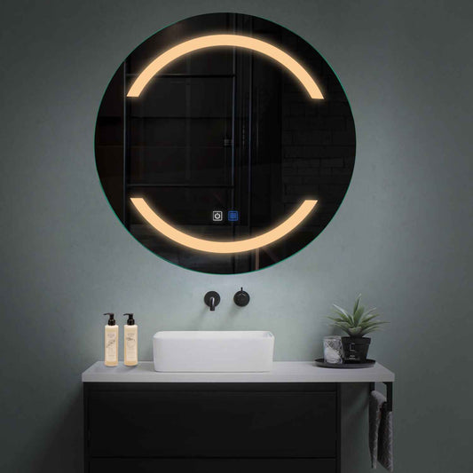 Oglinda LED rotunda cu lumina LED calda Gama Salono Model 4 cu butoane touch si dezaburire - Reyze