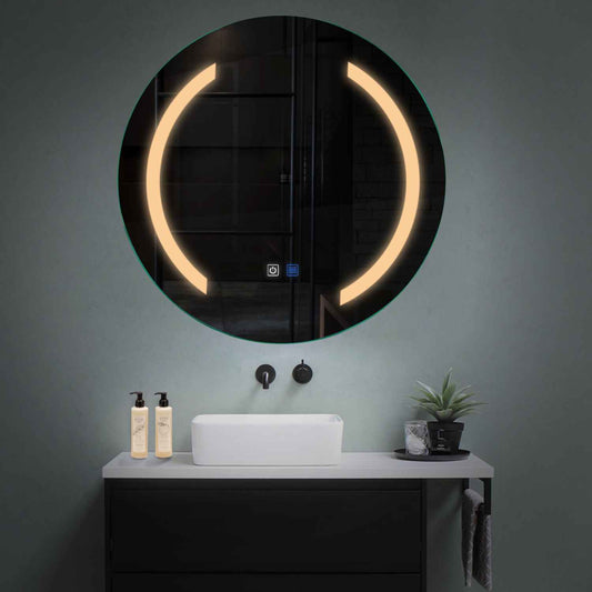 Oglinda LED rotunda cu lumina LED calda Gama Salono Model 5 cu butoane touch si dezaburire - Reyze