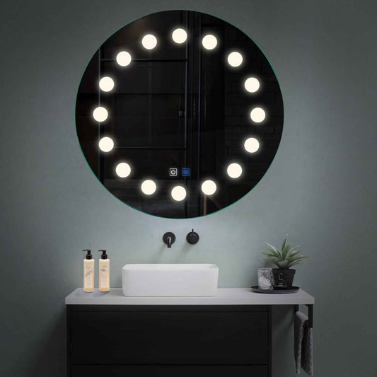 Oglinda LED rotunda cu lumina LED neutra Gama Salono Model 6 cu butoane touch si dezaburire - Reyze