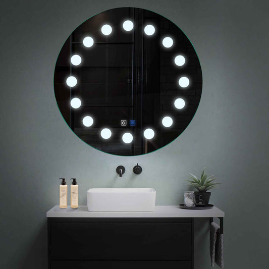 Oglinda LED rotunda cu lumina LED rece Gama Salono Model 6 cu butoane touch si dezaburire - Reyze