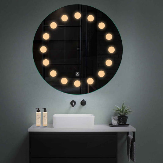 Oglinda LED rotunda cu lumina LED calda Gama Salono Model 6 cu buton touch - Reyze