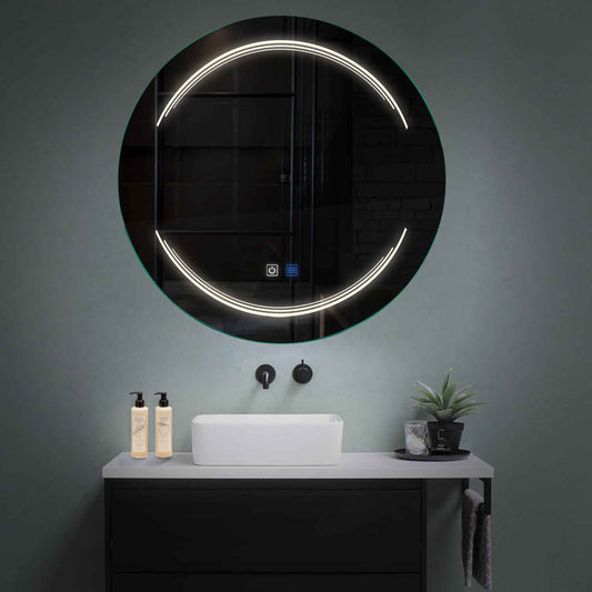 Oglinda LED rotunda cu lumina LED neutra Gama Salono Model 7 cu butoane touch si dezaburire - Reyze