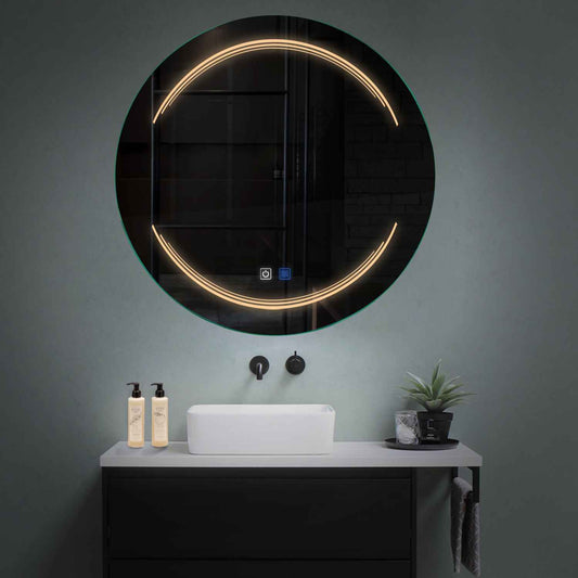 Oglinda LED rotunda cu lumina LED calda Gama Salono Model 7 cu butoane touch si dezaburire - Reyze