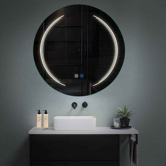 Oglinda LED rotunda cu lumina LED neutra Gama Salono Model 8 cu butoane touch si dezaburire - Reyze