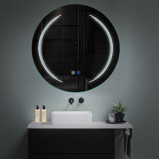Oglinda LED rotunda cu lumina LED rece Gama Salono Model 8 cu butoane touch si dezaburire - Reyze