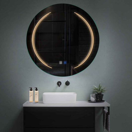 Oglinda LED rotunda cu lumina LED calda Gama Salono Model 8 cu butoane touch si dezaburire - Reyze