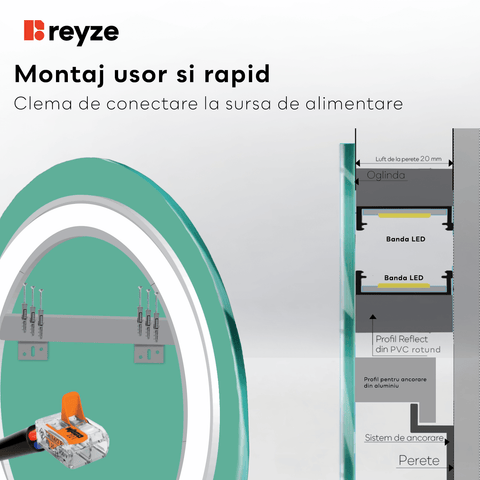 Oglinda LED rotunda 100x100 cm cu lumina LED neutra Gama Salono Model 1 fara butoane - Reyze
