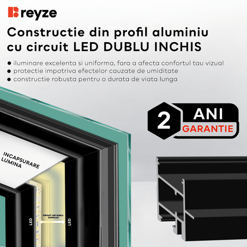 Oglinda LED orizontala 100x80 cm cu lumina LED neutra Gama Salono Model 1 cu butoane touch si dezaburire - Reyze