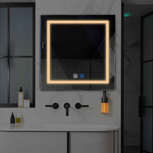 Oglinda LED patrata cu lumina LED calda Gama Salono Model 1 cu butoane touch si dezaburire - Reyze