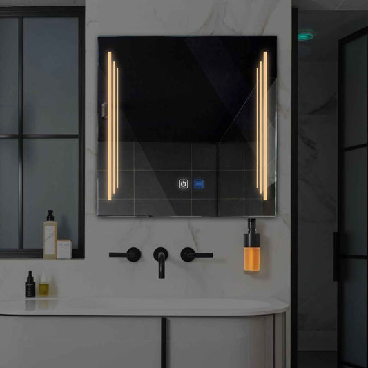Oglinda LED patrata cu lumina LED calda Gama Salono Model 8 cu butoane touch si dezaburire - Reyze