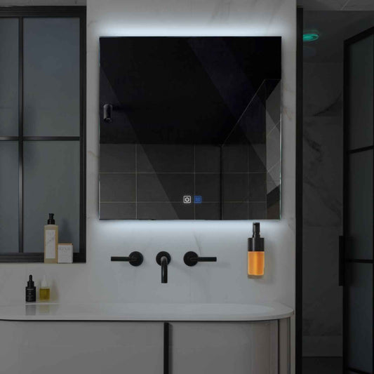 Oglinda LED patrata cu lumina LED rece Gama Ambient Model 3 cu butoane touch si dezaburire - Reyze