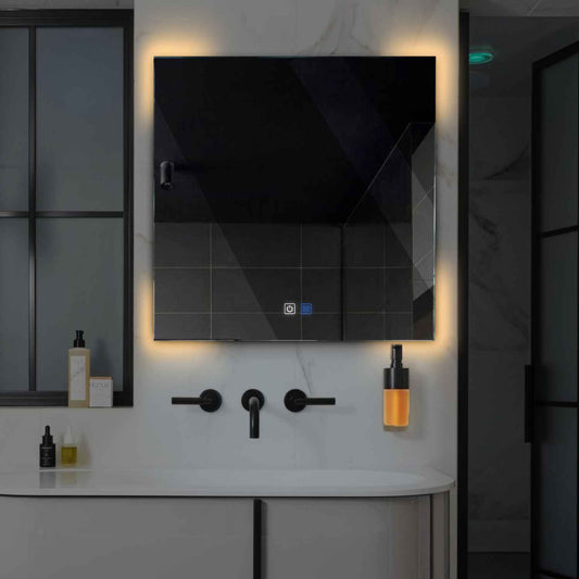 Oglinda LED patrata cu lumina LED calda Gama Ambient Model 4 cu butoane touch si dezaburire - Reyze