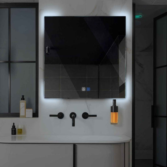 Oglinda LED patrata cu lumina LED rece Gama Ambient Model 4 cu butoane touch si dezaburire - Reyze