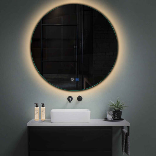 Oglinda LED rotunda cu lumina LED calda Gama Ambient Model 1 cu butoane touch si dezaburire - Reyze