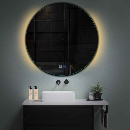 Oglinda LED rotunda cu lumina LED calda Gama Ambient Model 2 cu butoane touch si dezaburire - Reyze