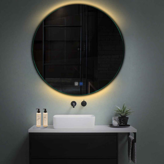 Oglinda LED rotunda cu lumina LED calda Gama Ambient Model 3 cu butoane touch si dezaburire - Reyze