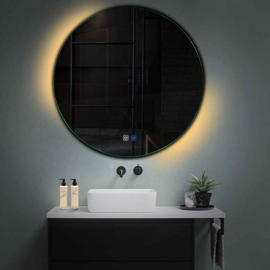 Oglinda LED rotunda cu lumina LED calda Gama Ambient Model 4 cu butoane touch si dezaburire - Reyze