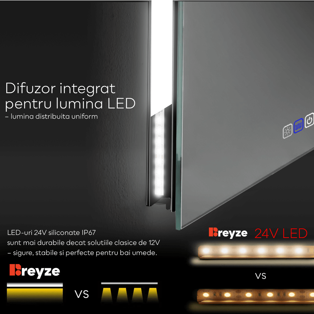 Oglinda LED Verticala 60x80 cm cu lumina LED neutra Gama Ambient Model 1 cu butoane touch si dezaburire - Reyze