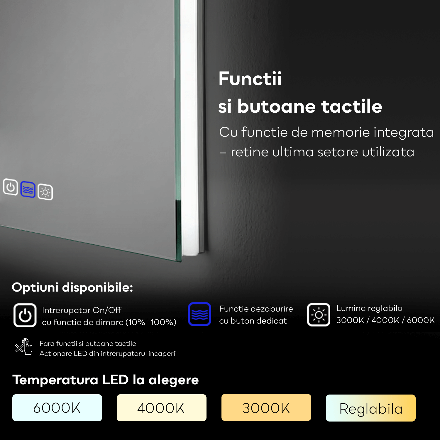 Oglinda LED Verticala 60x80 cm cu lumina LED neutra Gama Ambient Model 1 cu butoane touch si dezaburire - Reyze