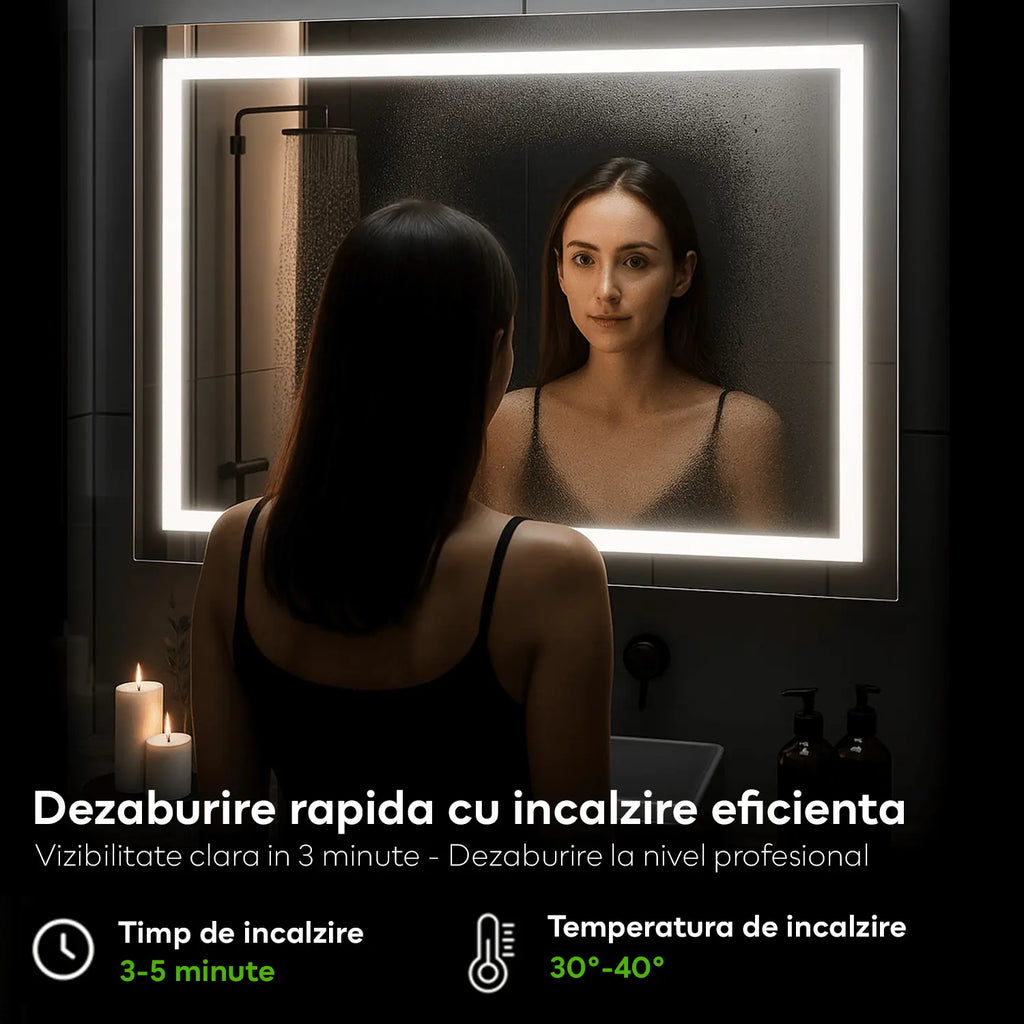 Oglinda LED Verticala 60x80 cm cu lumina LED neutra Gama Ambient Model 1 cu butoane touch si dezaburire - Reyze