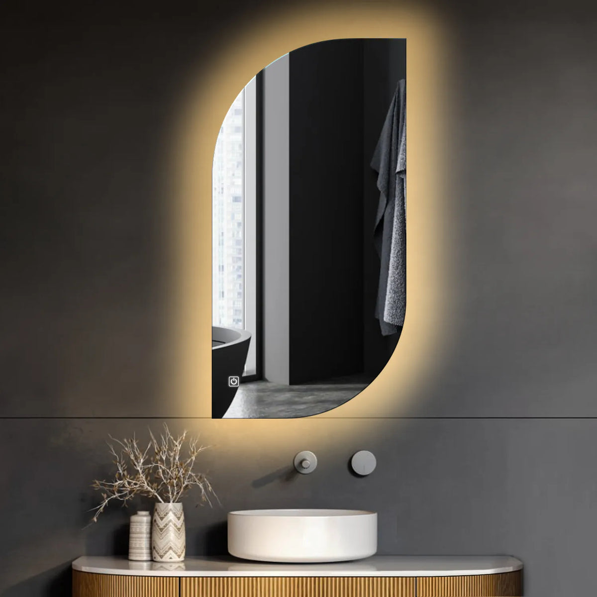 Oglinda LED Semiovala v1, Touch LED, Dimare, LED 3000K Cald - Gama Ambient Model 1