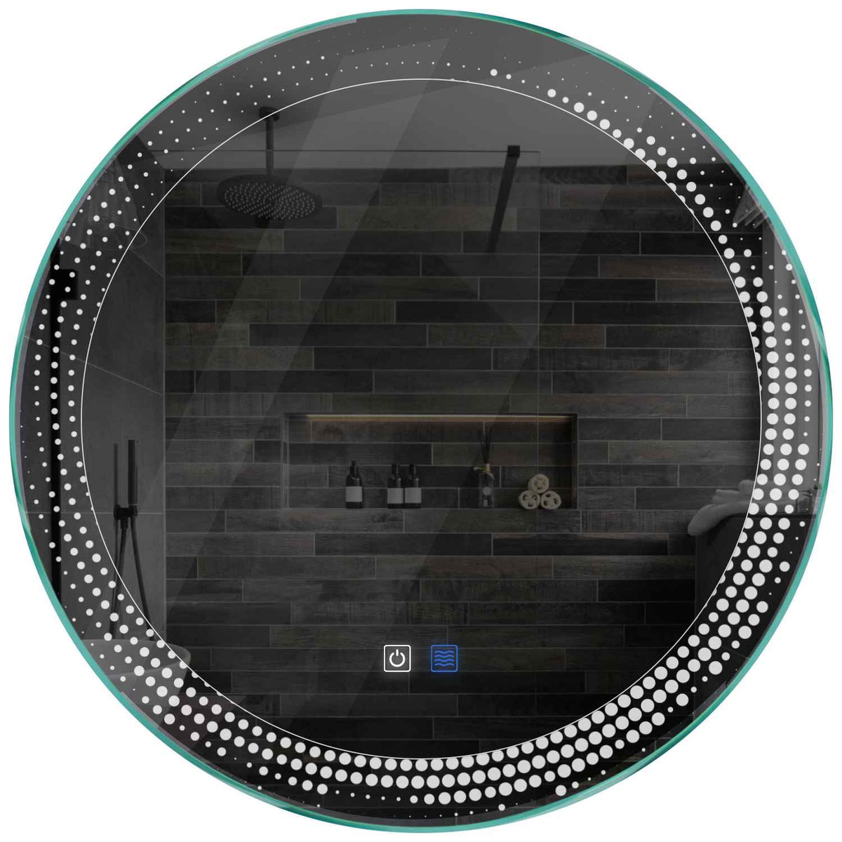 Oglinda LED rotunda cu lumina LED rece Gama Simetria Model 8 cu butoane touch si dezaburire - Reyze