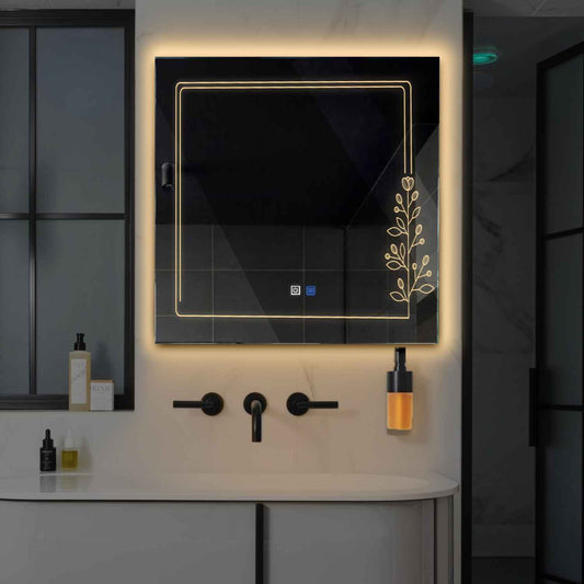 Oglinda LED patrata cu lumina LED calda Gama Good Vibes Model 3 cu butoane touch si dezaburire - Reyze