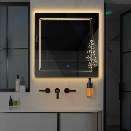 Oglinda LED patrata cu lumina LED calda Gama Good Vibes Model 3 cu buton touch - Reyze