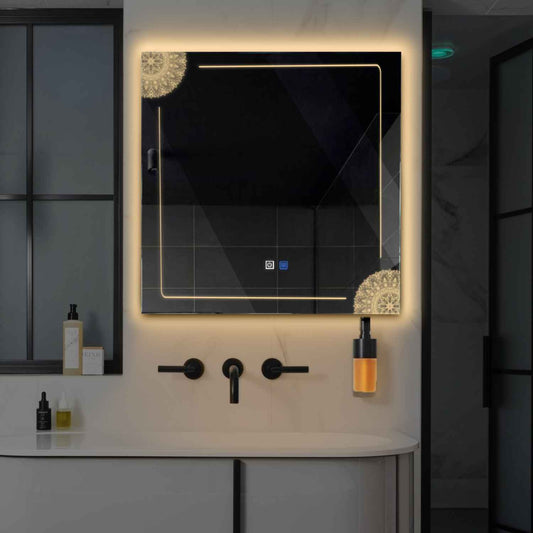 Oglinda LED patrata cu lumina LED calda Gama Good Vibes Model 7 cu butoane touch si dezaburire - Reyze